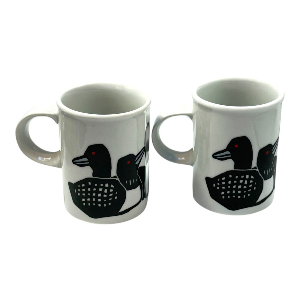 Loon Coffee Mugs Marc Tetro Canada White Black Lot 2 Danesco Vintage 1980s